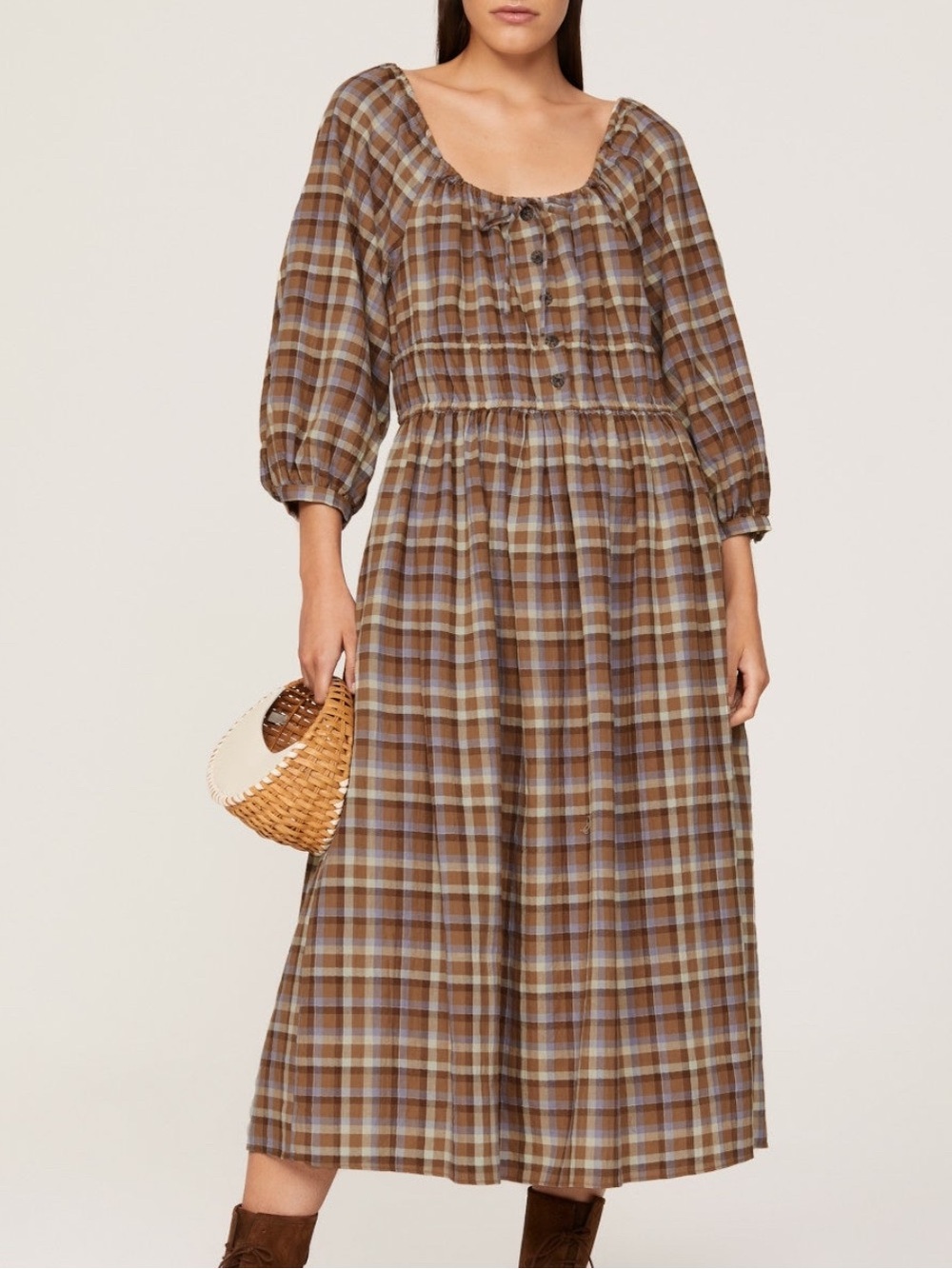 Madewell Indie Midi Dress XXS Brown Plaid Cotton Cottagecore Peasant Dress